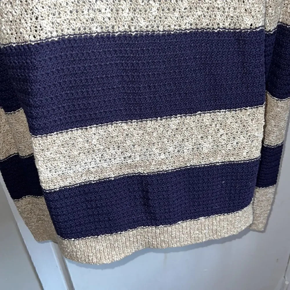 LOFT Beige and Navy Striped Cotton Linen Blend Loose Knit Sweater-L